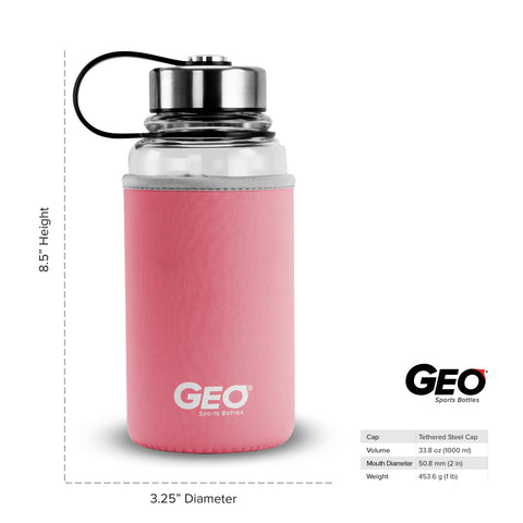 1 Liter Glass Sports Bottle w/ 65mm Steel Cap & Protective Sleeve