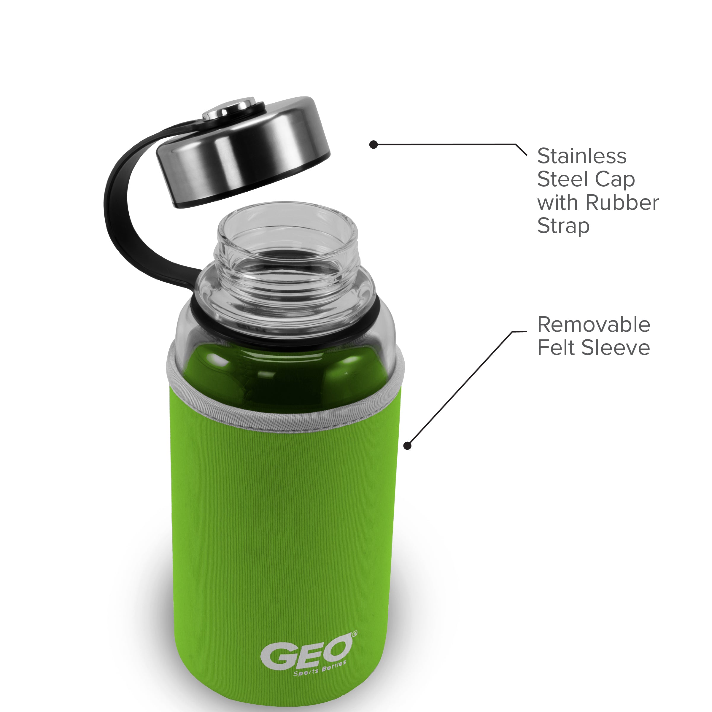 1 Liter Glass Sports Bottle w/ 65mm Steel Cap & Protective Sleeve